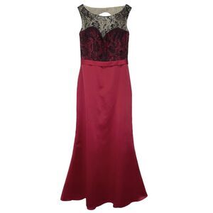 Da Vinci Formal Mermaid Maxi Dress 12 Black Sheer Lace Red Satin Mixed Media